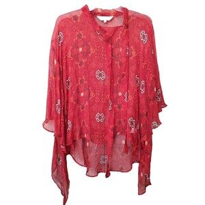 Label Ritu Kumar Red Viscose Tie-Neck High-Low Hem Sheer Blouse Size Medium